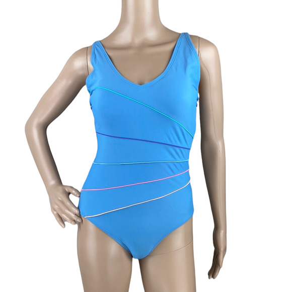 New Miss Adola Women Light Blue Stripes One Piece Padded Swimwear Swimsuit 8 - Picture 1 of 6